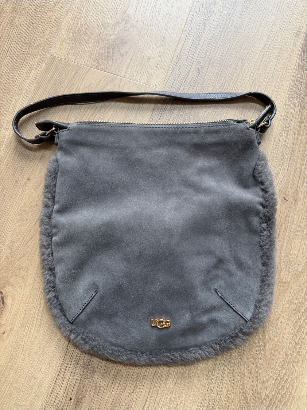 UGG Gray Suede Shearling-Trim Crossbody Bag